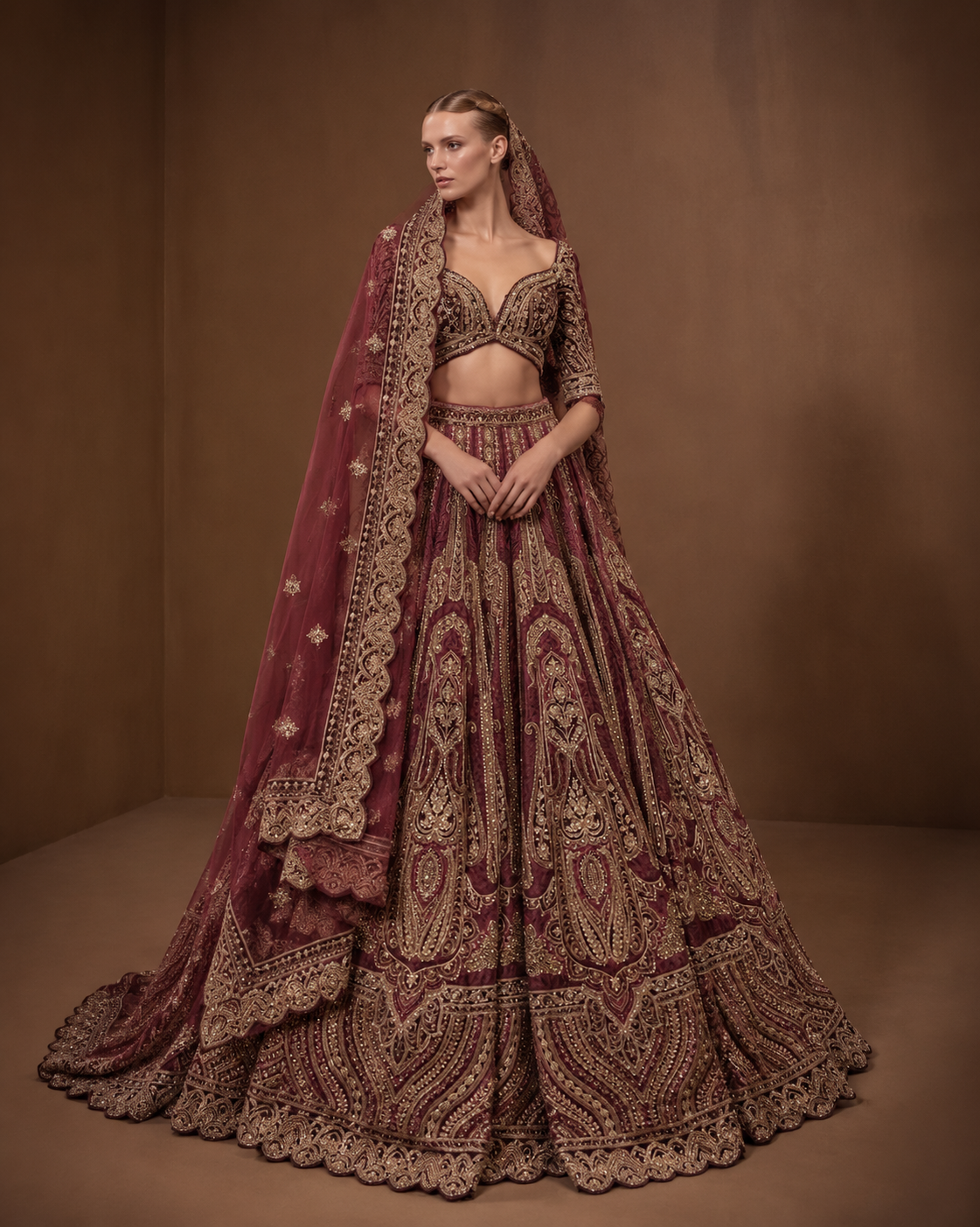 Burgundy & Antique Gold Bridal Lehenga – WellGroomed Designs