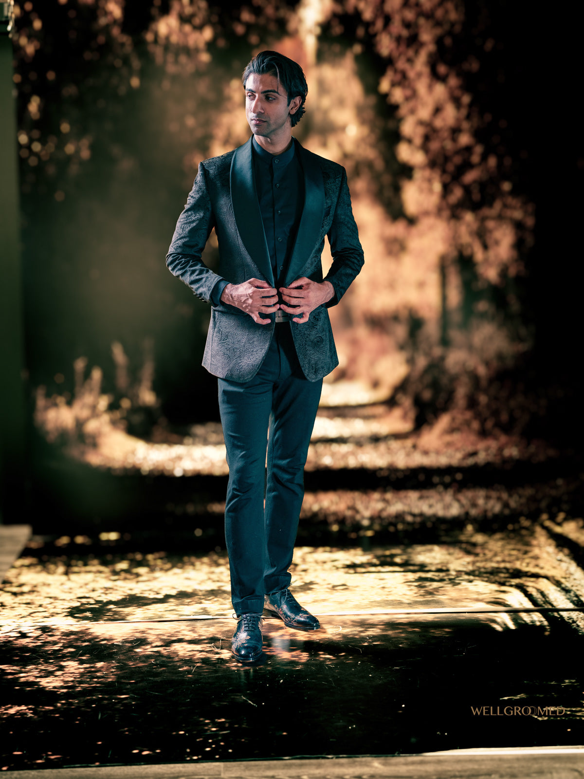 Black printed tuxedo blazer by WellGroomed