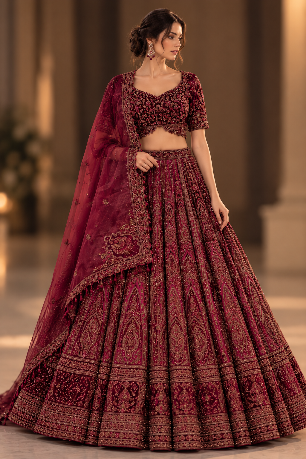 Burgundy antique embroidery bridal lehenga