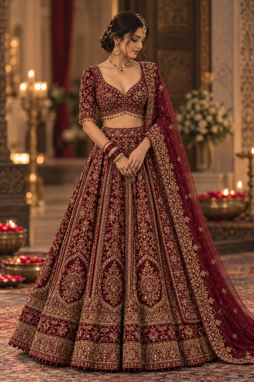 Maroon bridal lehenga with antique gold embroidery and bridal jewelry