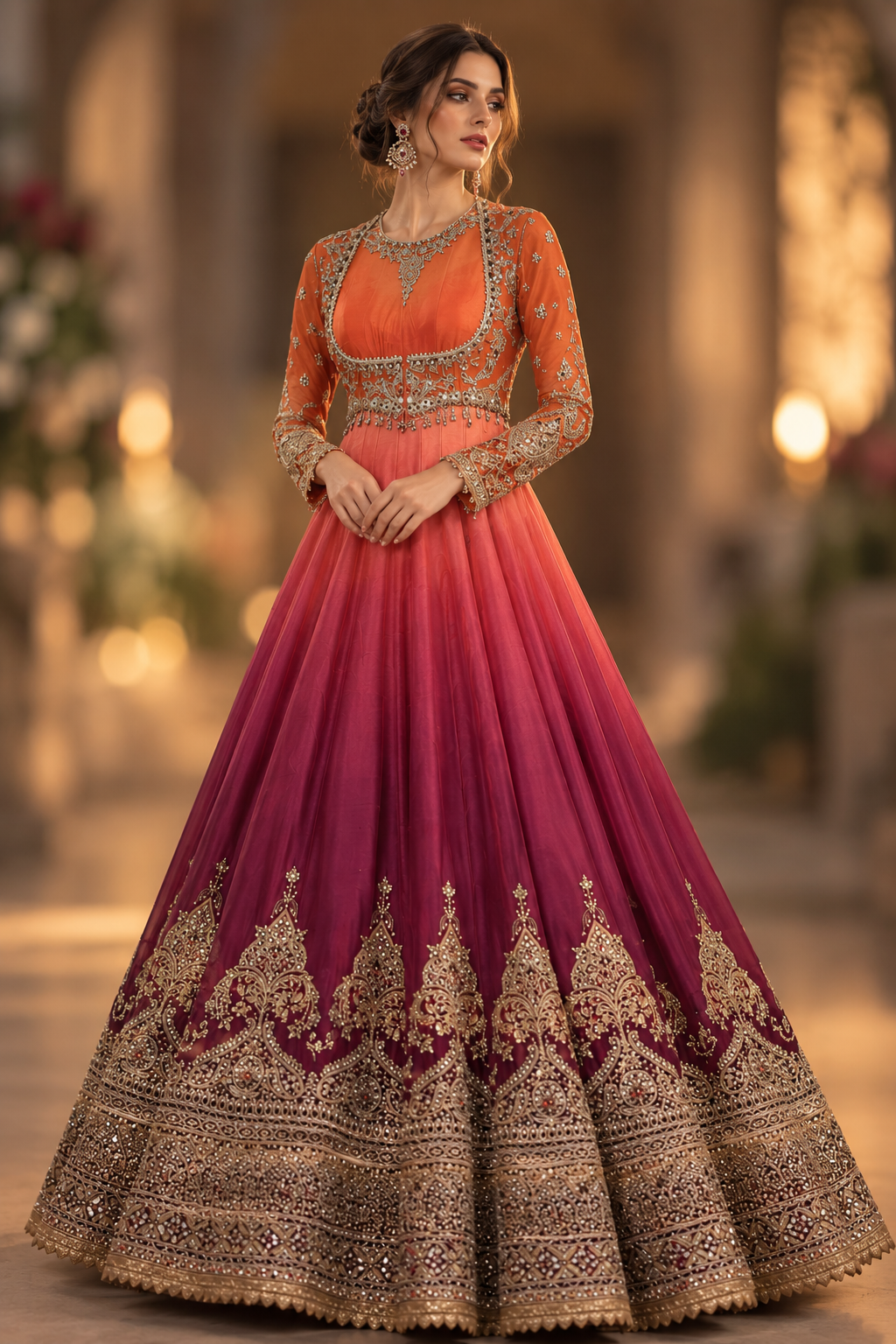 Orange to deep magenta ombre Anarkali with ornate gold embroidery