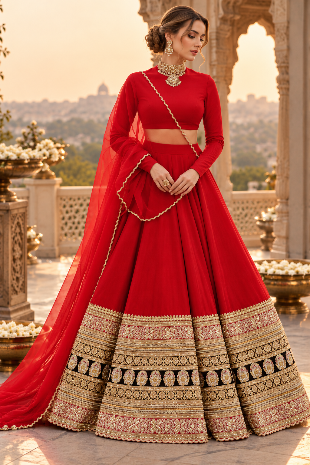 Classic Red Bridal Lehenga with Gold Border