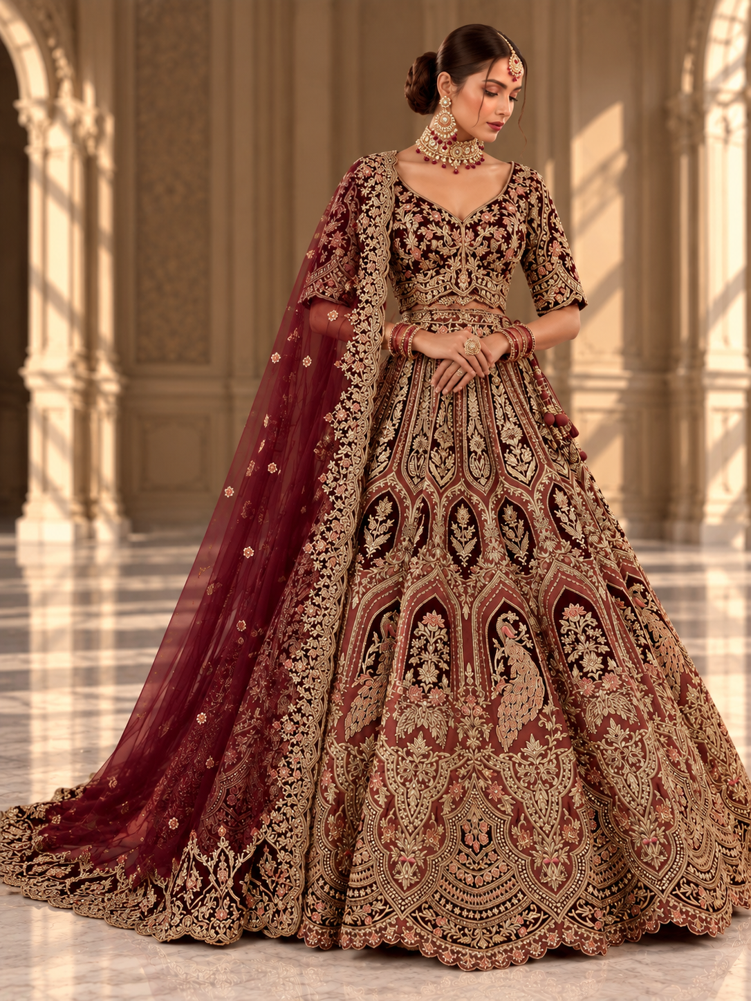 Maroon and gold peacock embroidered bridal lehenga