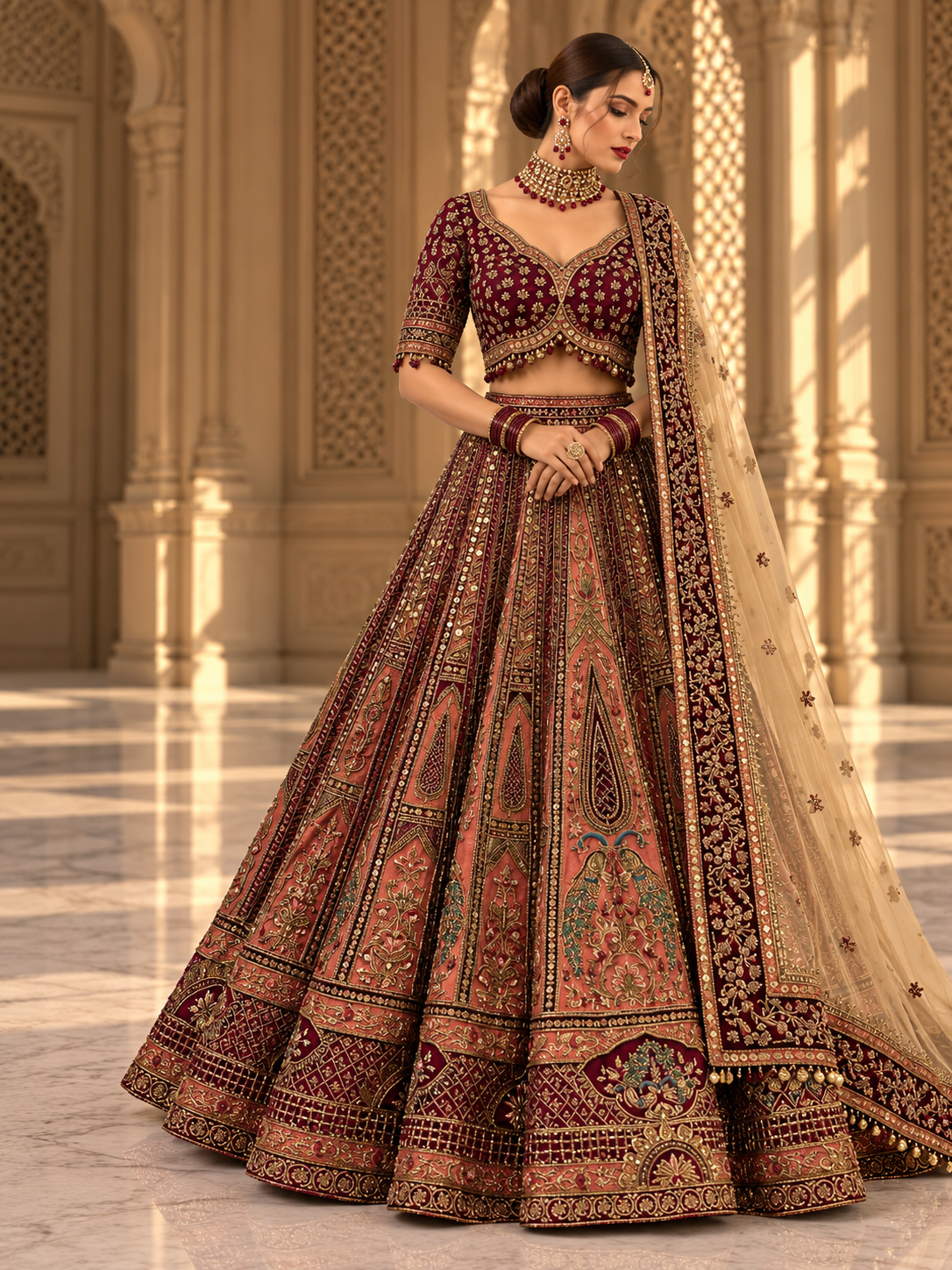 Burgundy and rust embroidered bridal lehenga