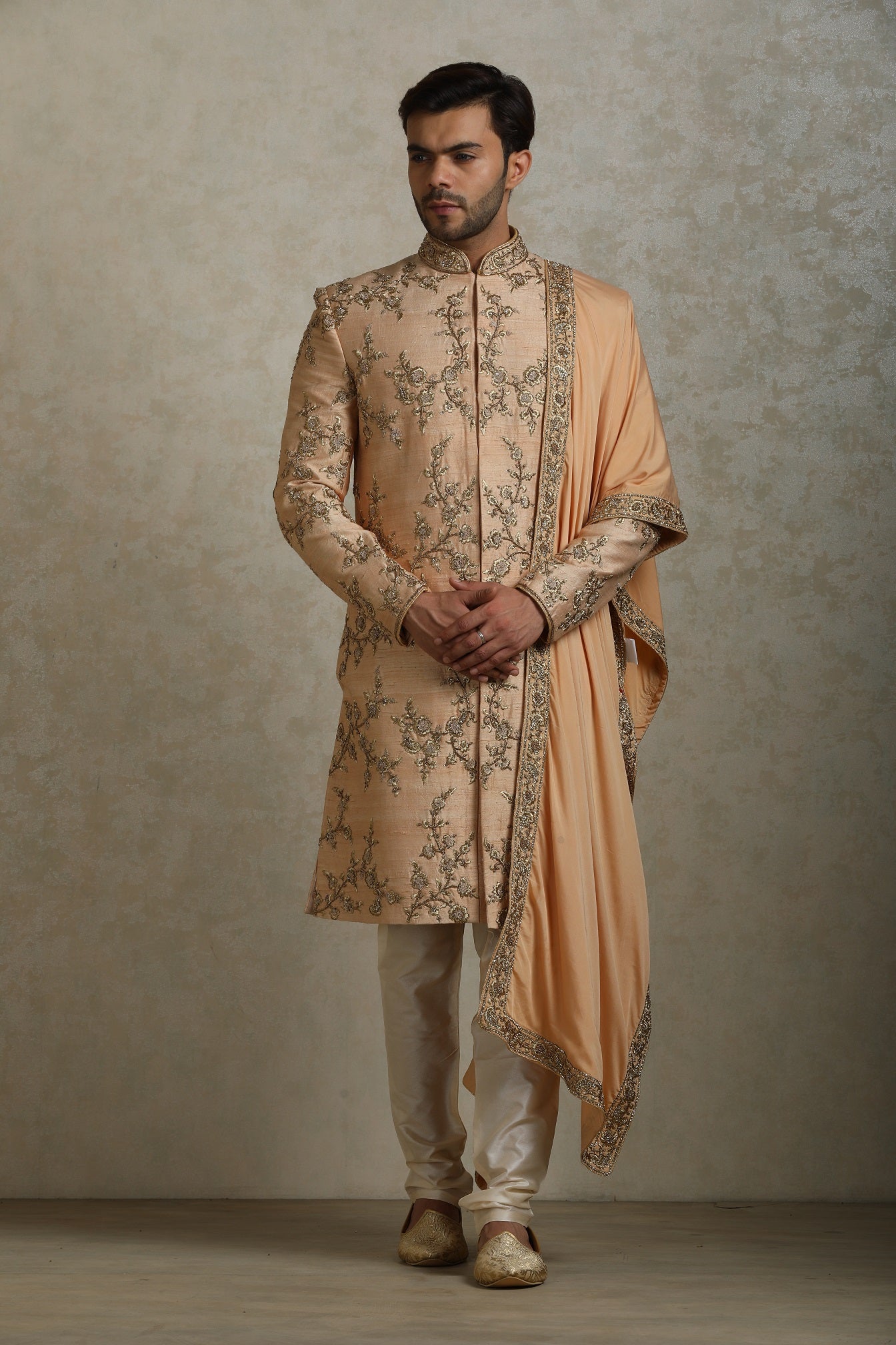 Floral Jaal Embroidered Peach Raw Silk Sherwani
