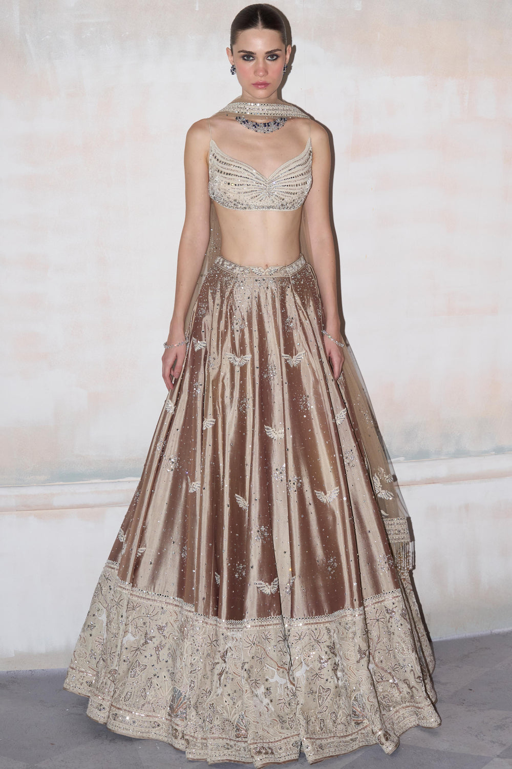 Champagne Brown Tissue Lehenga by WellGroomed