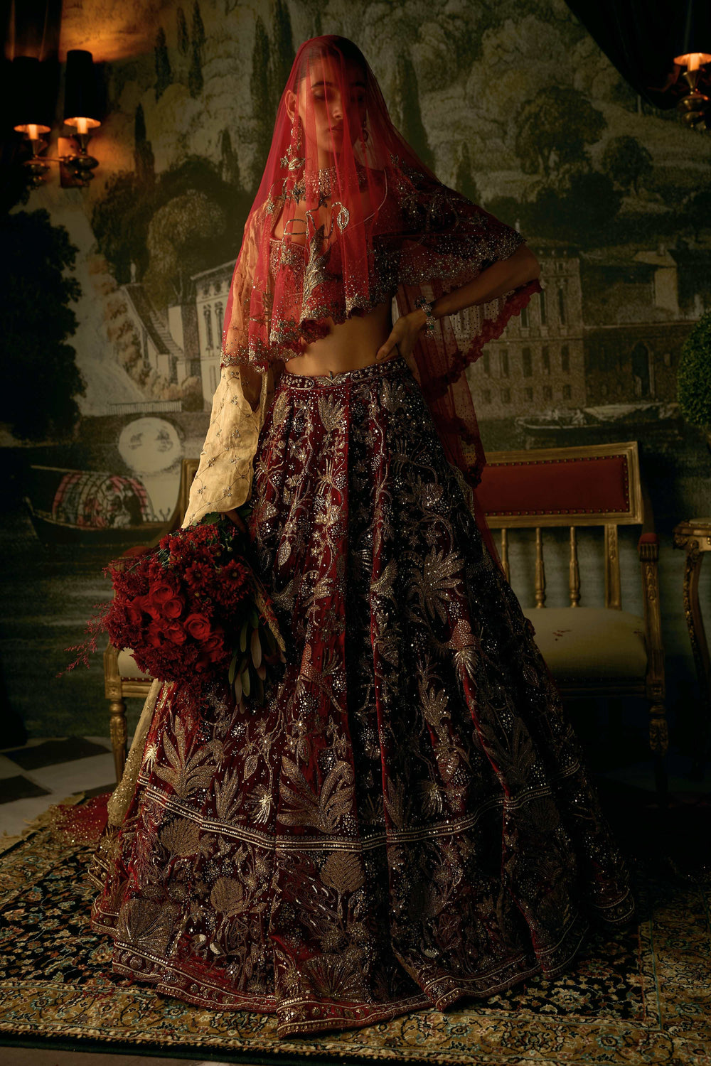 The Royal Savannah Oxblood Lehenga by WellGroomed