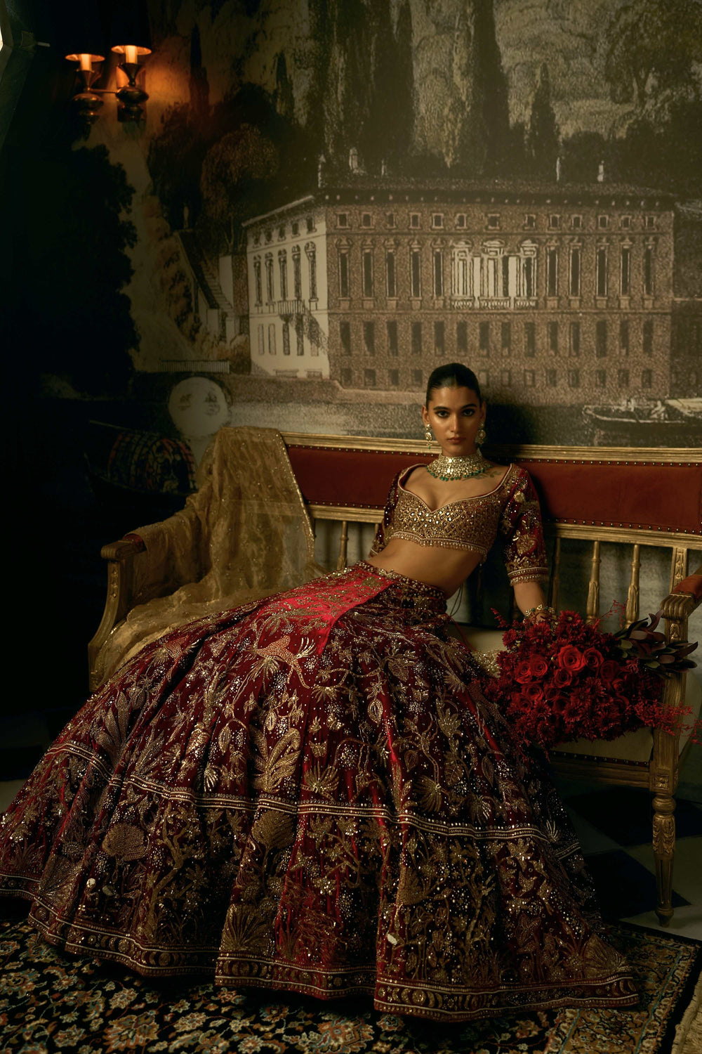 The Royal Savannah Oxblood Lehenga by WellGroomed