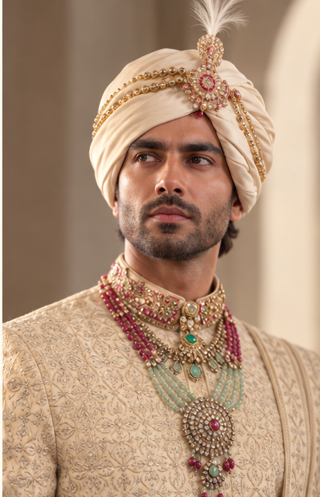 WG-9976 ivory embroidered groom sherwani detail view