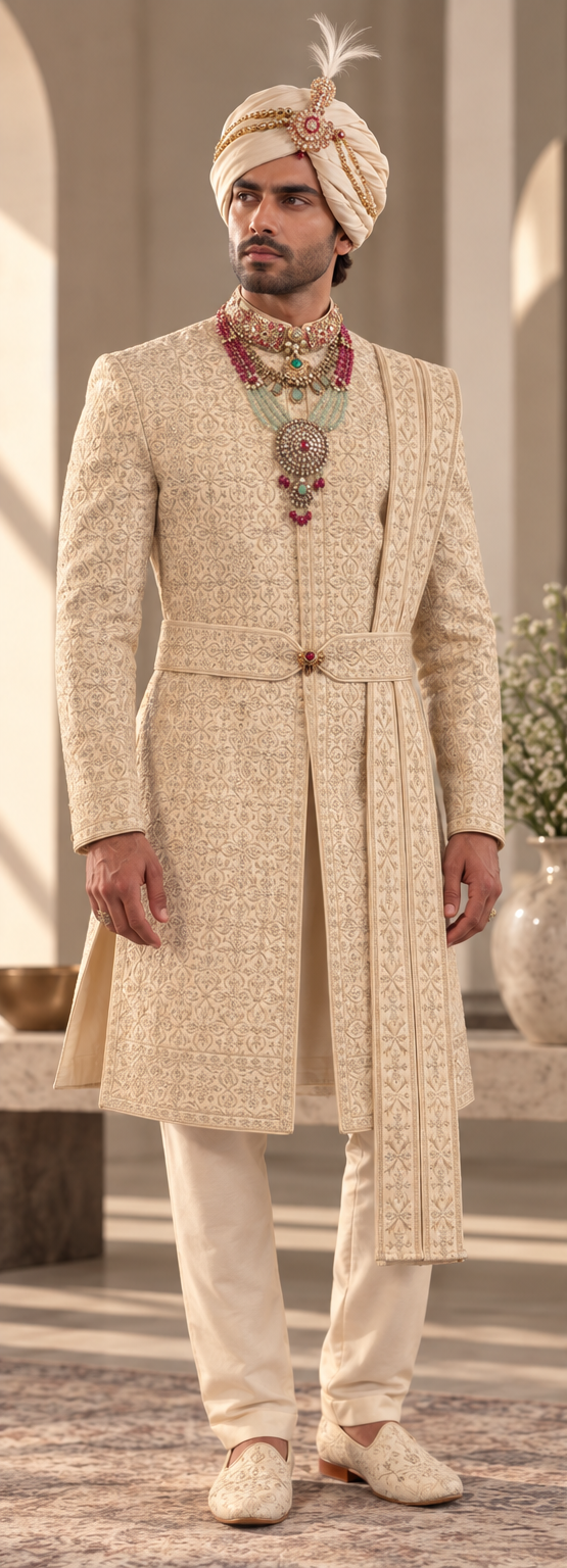 WG-9976 ivory embroidered groom sherwani full view