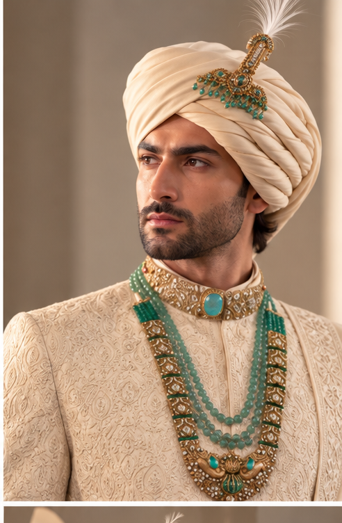 WG-9980 ivory embroidered groom sherwani front detail view