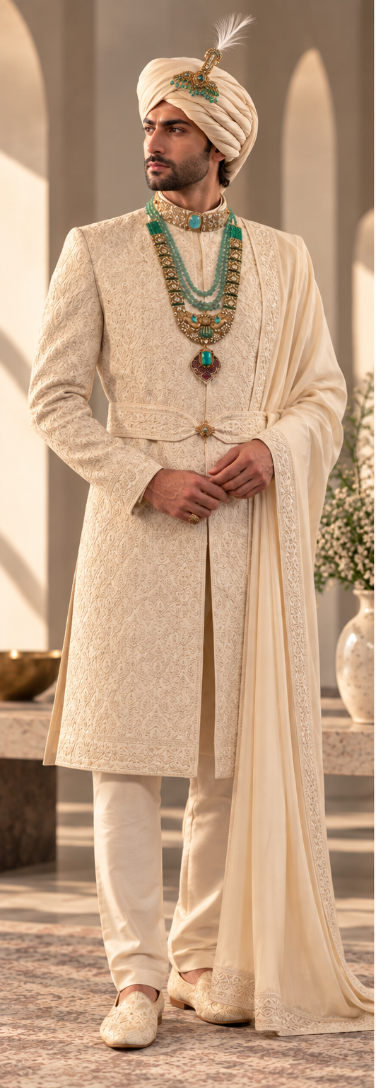 WG-9980 ivory embroidered groom sherwani front view