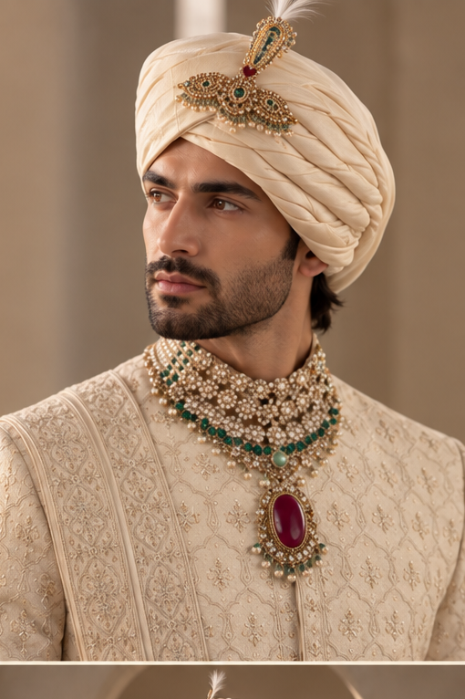 WG-9983 ivory embroidered groom sherwani detail view