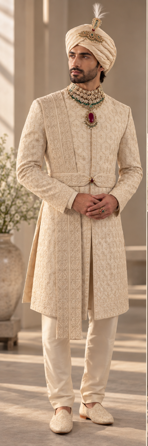 WG-9983 ivory embroidered groom sherwani full view