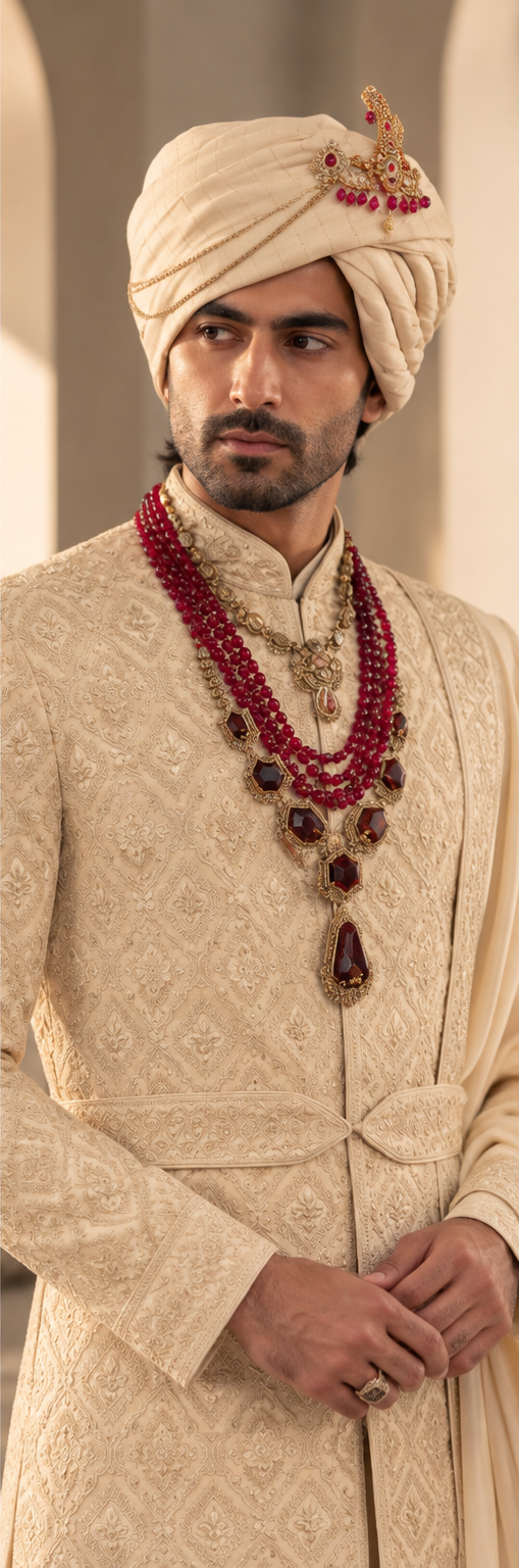 WG-9984 ivory embroidered groom sherwani detail view