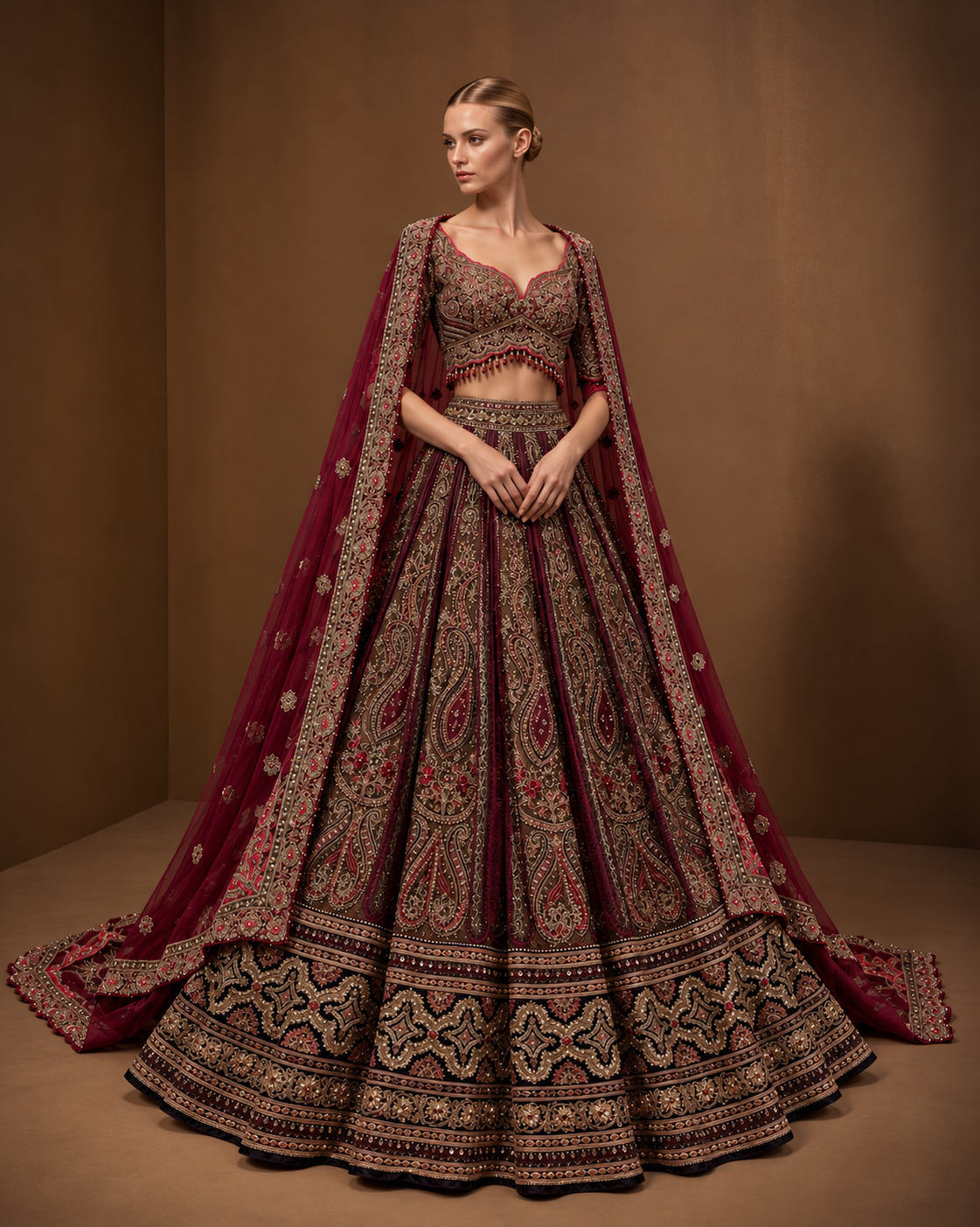 Deep Maroon Paisley Bridal Lehenga – WellGroomed Designs