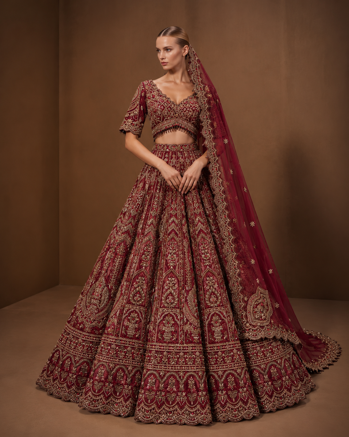 Crimson Gold Embroidered Bridal Lehenga – WellGroomed Designs