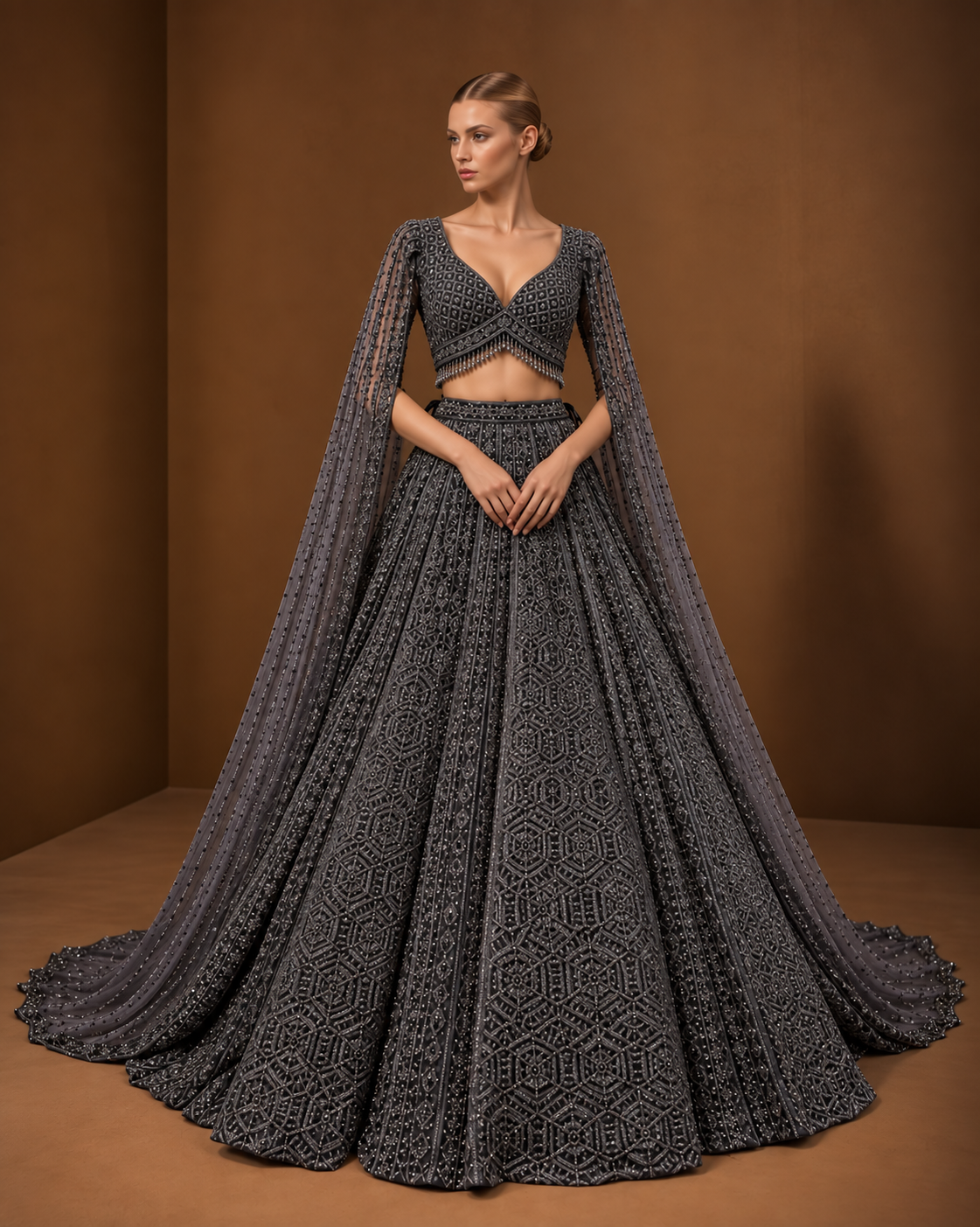 Gunmetal Charcoal Embroidered Bridal Lehenga – WellGroomed Designs