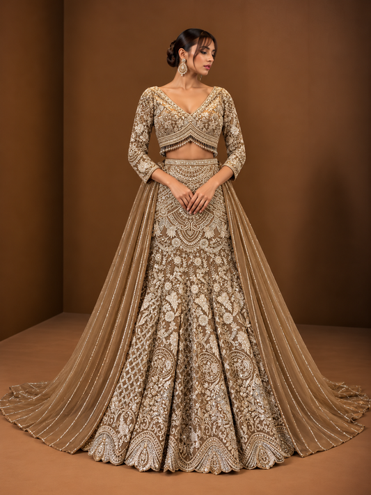 Champagne Taupe Embroidered Bridal Lehenga – WellGroomed Designs