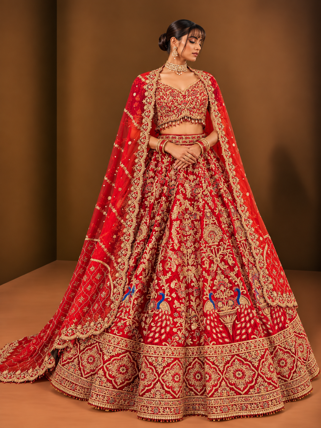 Red and Gold Peacock Embroidered Bridal Lehenga – WellGroomed Designs
