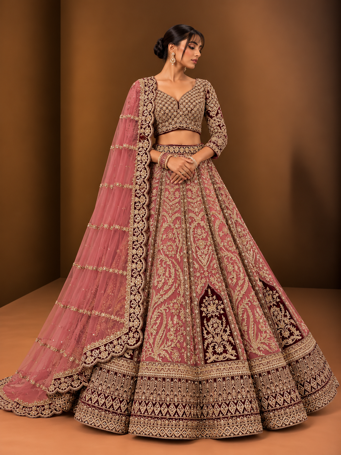 Dusty Rose and Burgundy Embroidered Bridal Lehenga – WellGroomed Designs