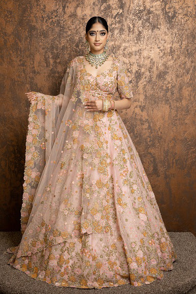 Sangeeta pink floral Sangeet lehenga by WellGroomed