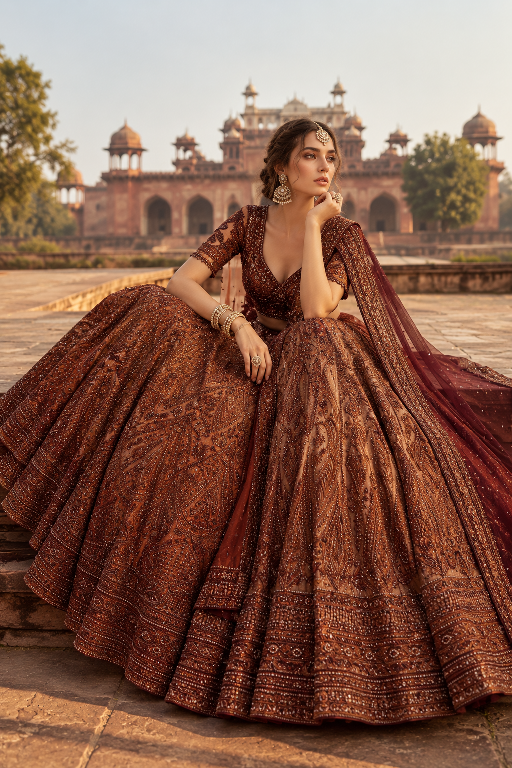Rust brown embroidered reception lehenga seated pose