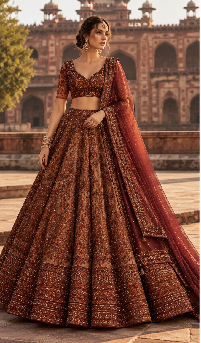 Rust brown embroidered reception lehenga standing pose