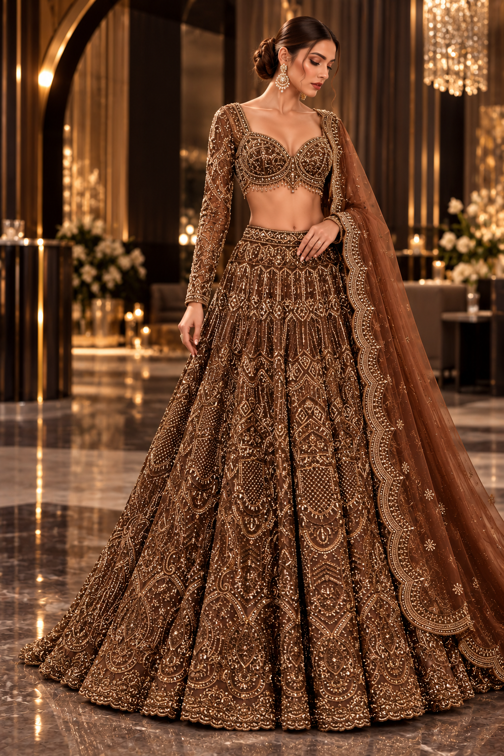Brown embroidered reception lehenga