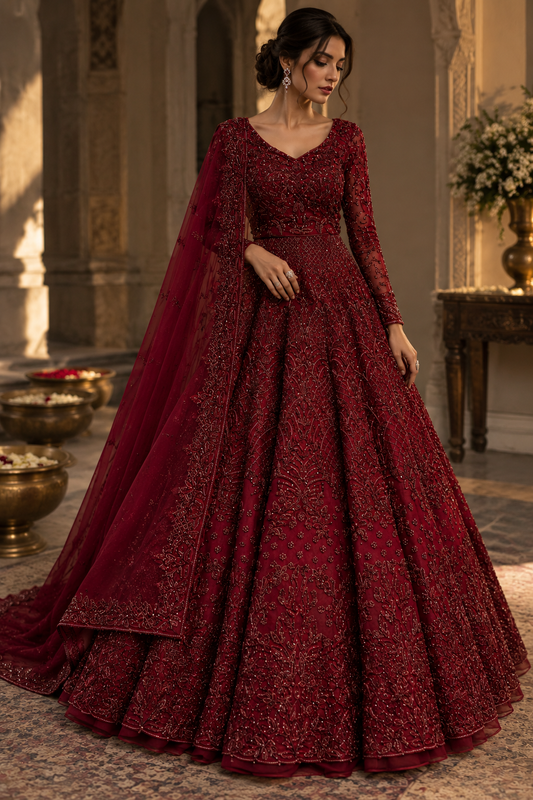 Deep burgundy embroidered Anarkali gown