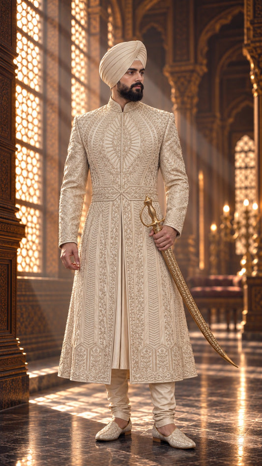 Ivory embroidered Sikh groom sherwani with matching turban and ceremonial sword