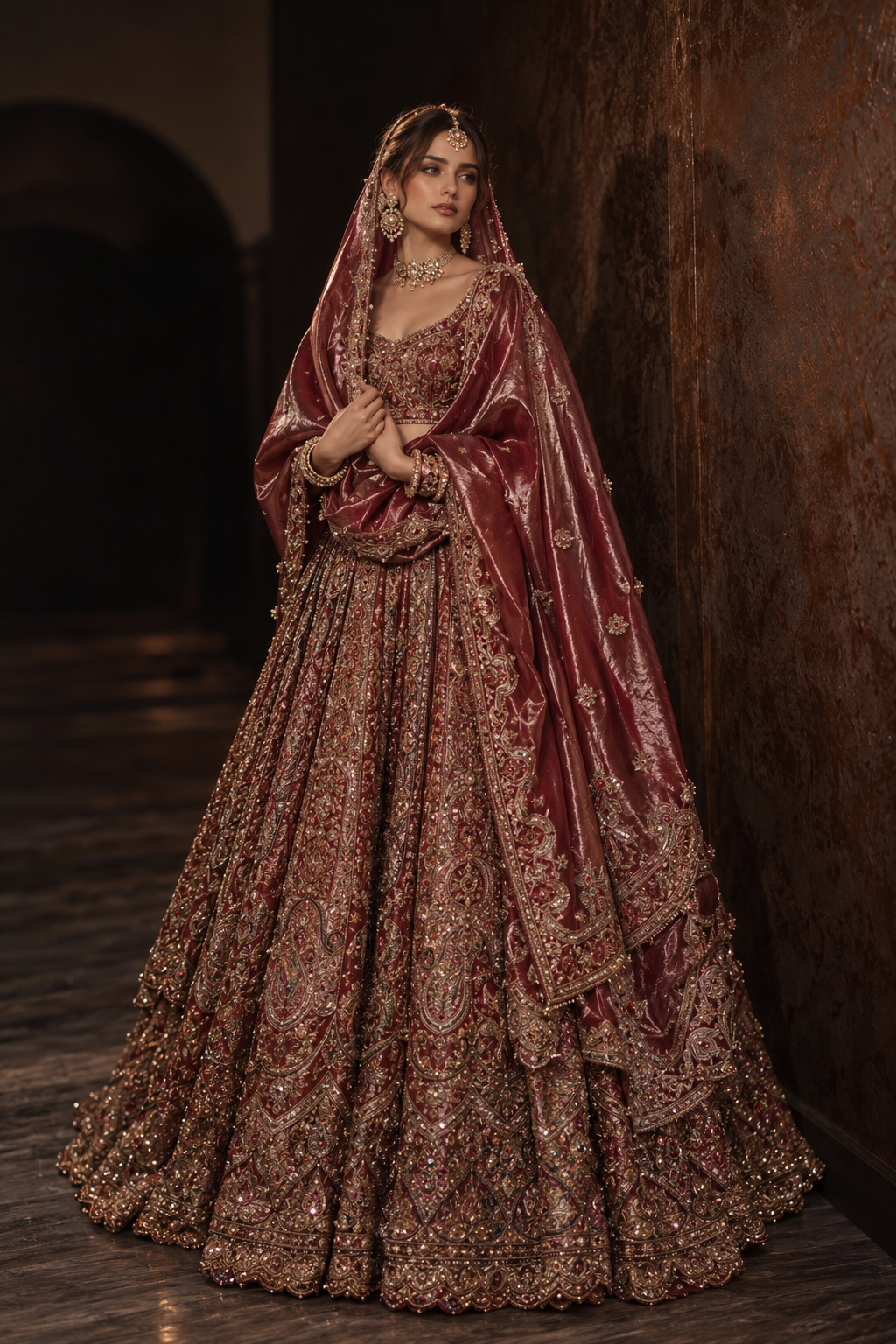 Maroon bridal lehenga with antique gold embroidery