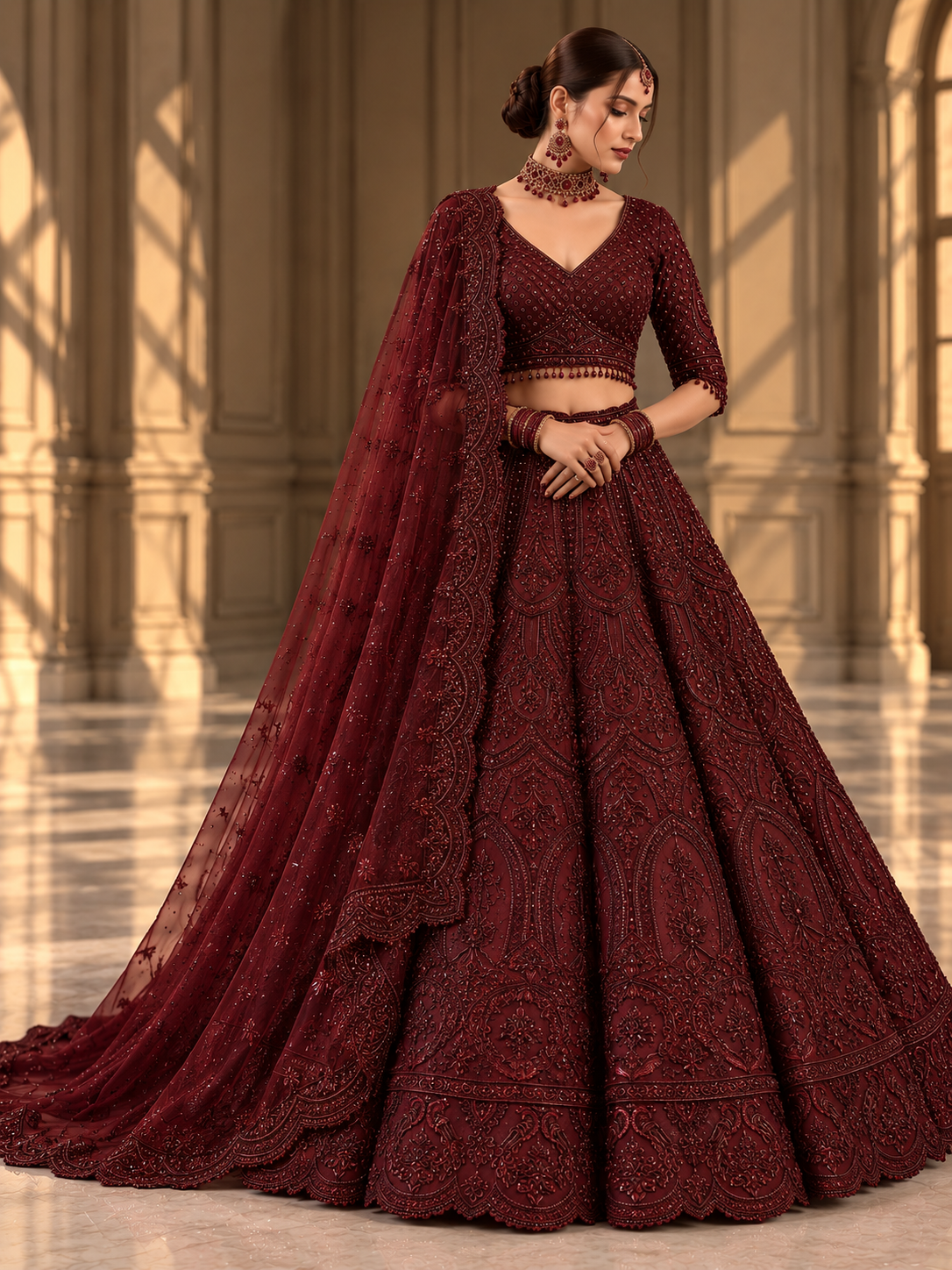 Deep burgundy tone-on-tone bridal lehenga