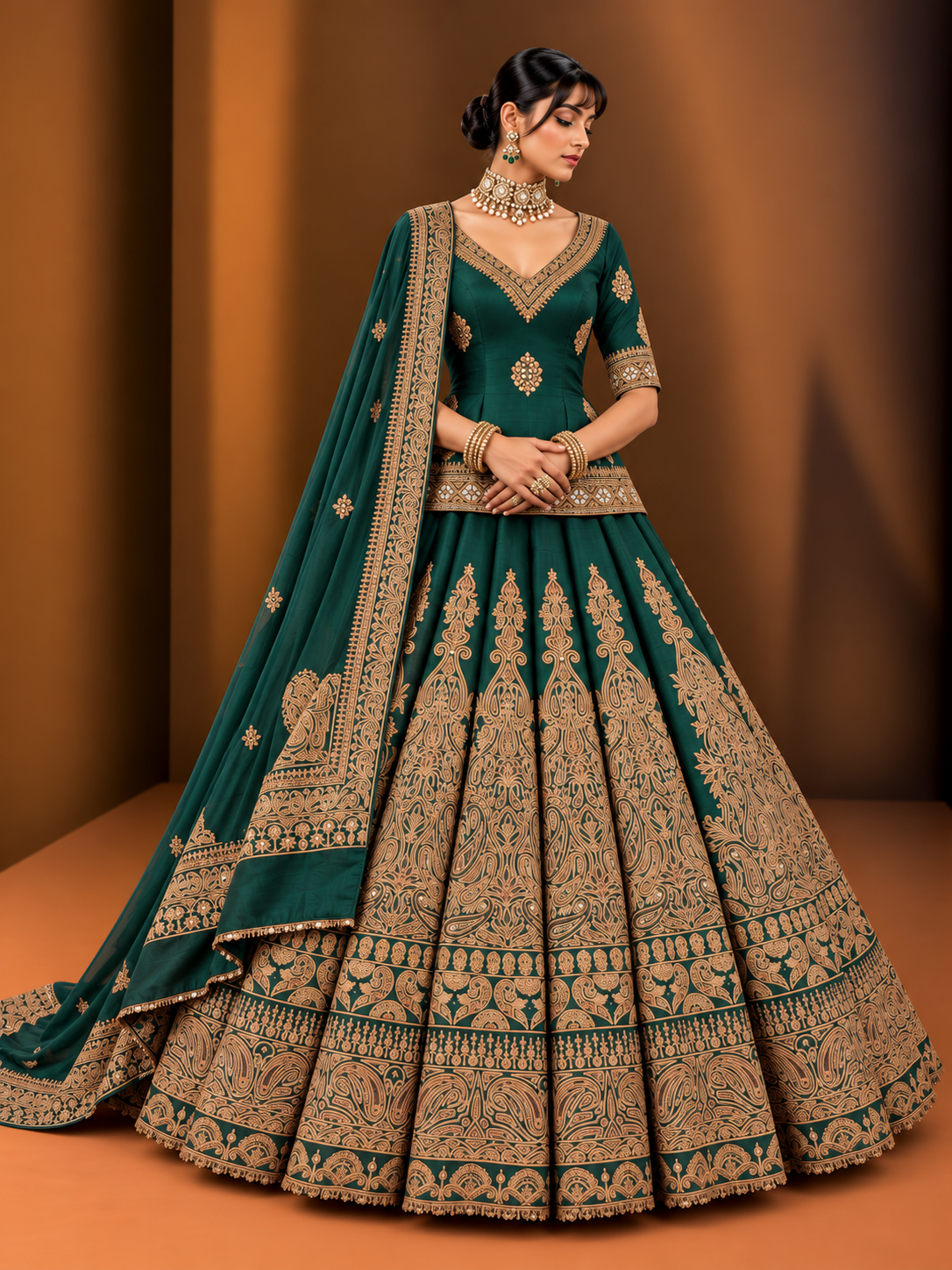 Emerald green and antique gold embroidered bridal lehenga