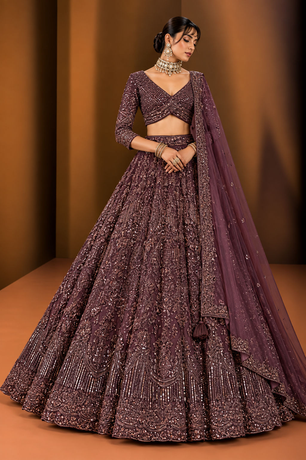 Deep plum tone-on-tone embellished reception lehenga