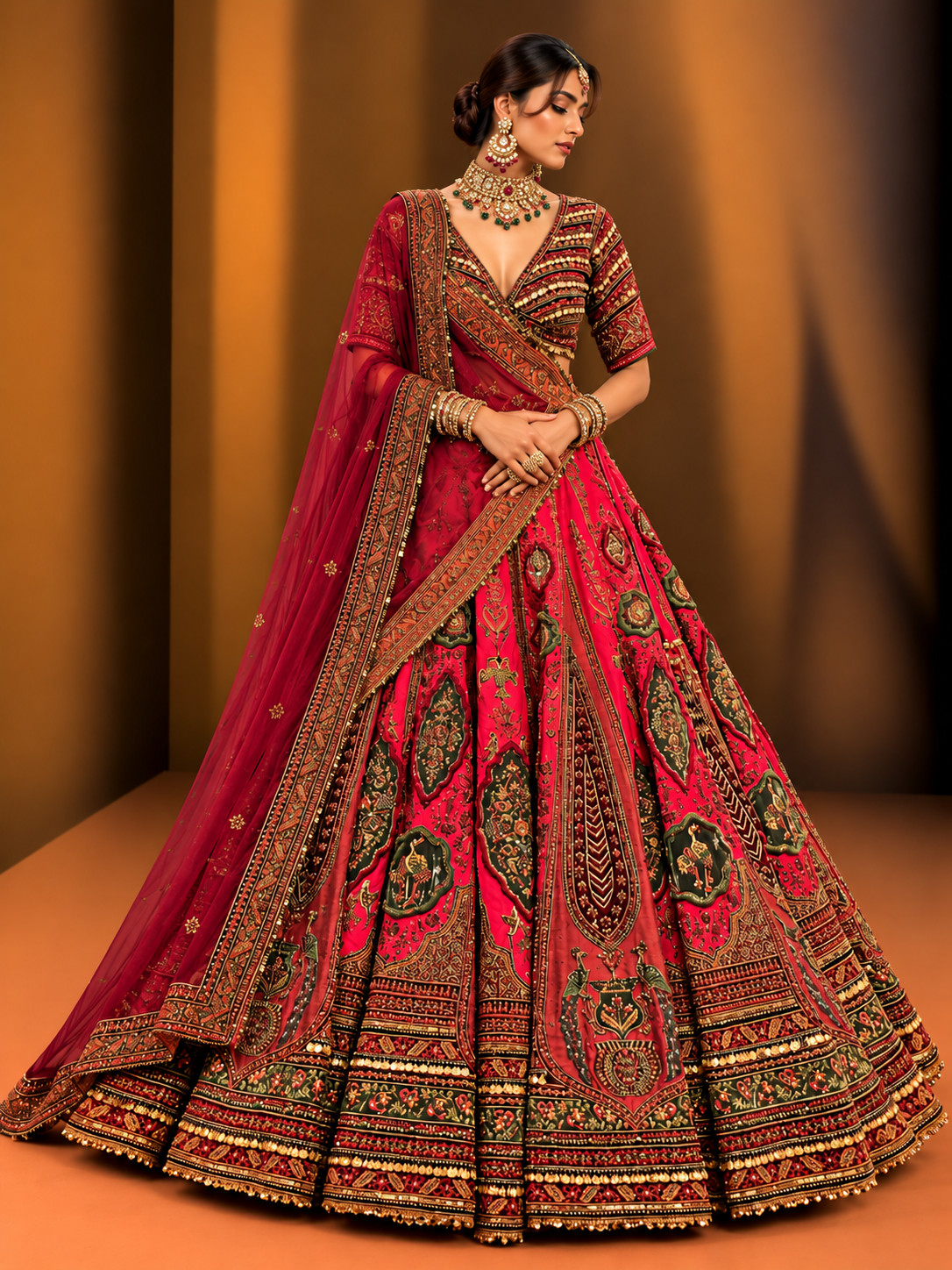 Maroon red embroidered bridal lehenga with bridal choker