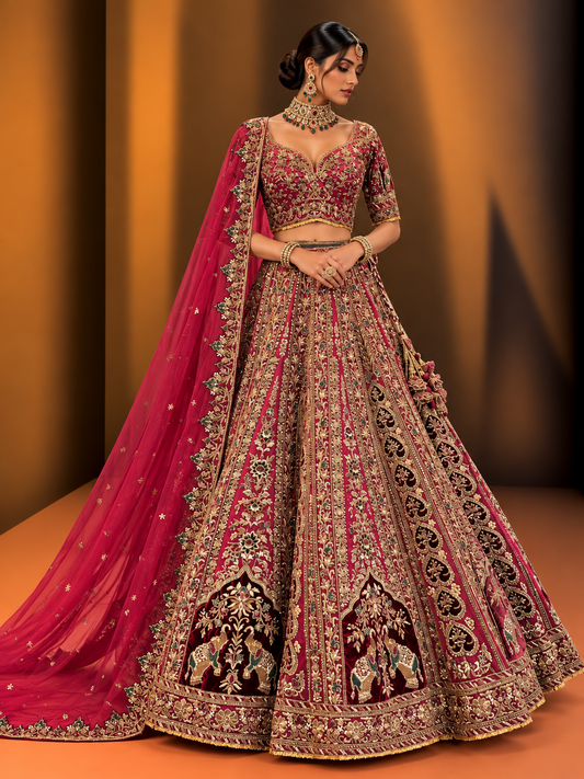 Maroon and gold embroidered bridal lehenga with bridal choker