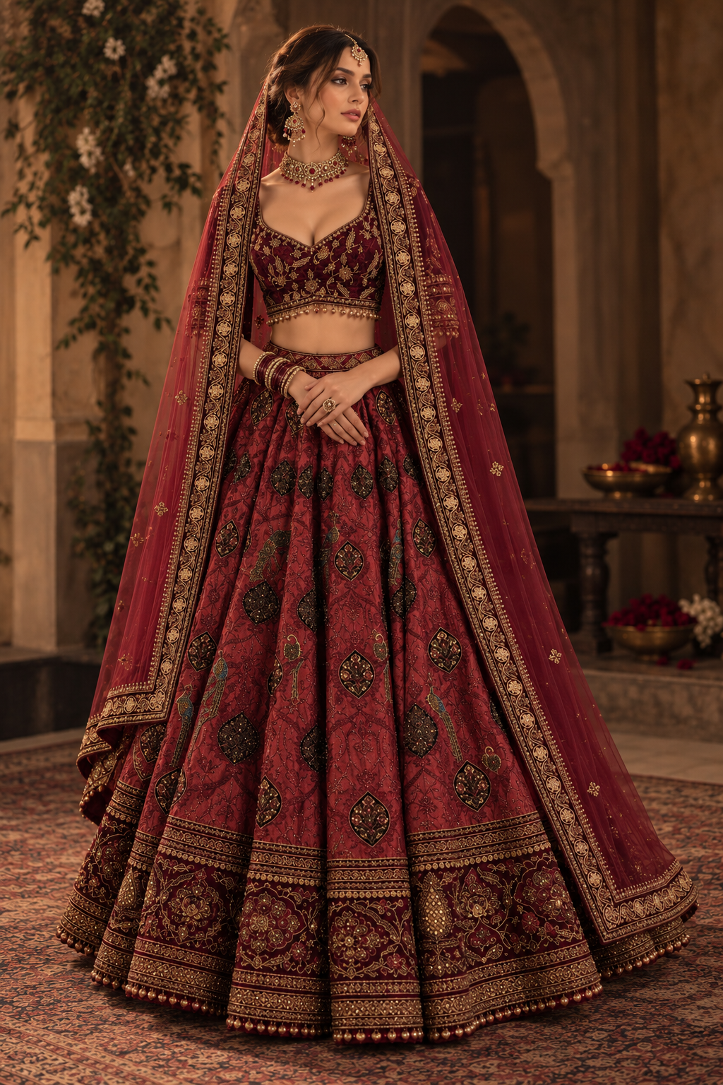 Maroon antique embroidered bridal lehenga