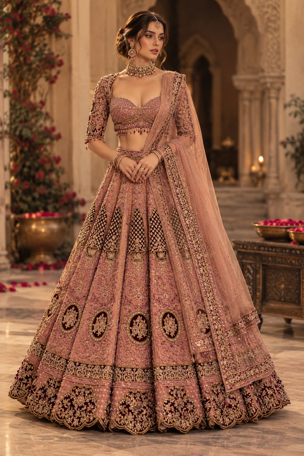 Dusty rose antique embroidered bridal lehenga