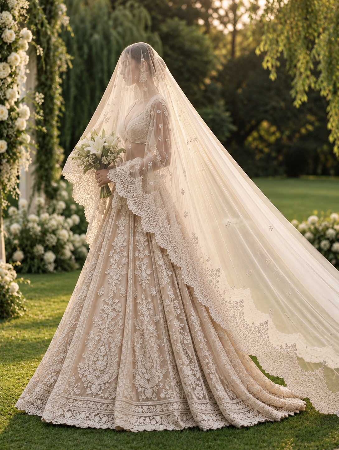 Ivory champagne bridal lehenga with embroidered veil