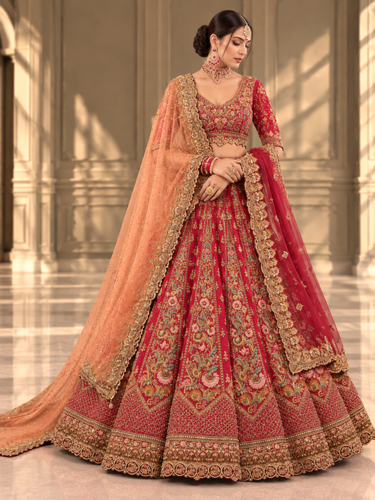 Red peach and gold embroidered bridal lehenga