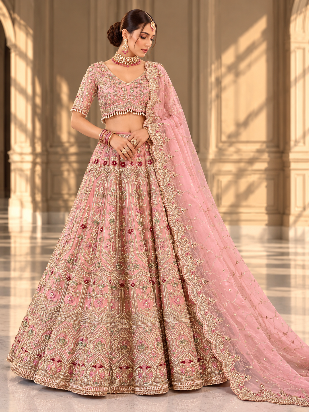 Blush pink and gold embroidered bridal lehenga