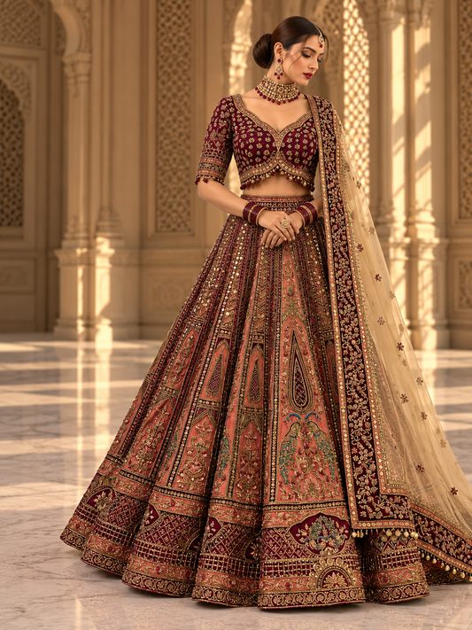 Burgundy and rust embroidered bridal lehenga