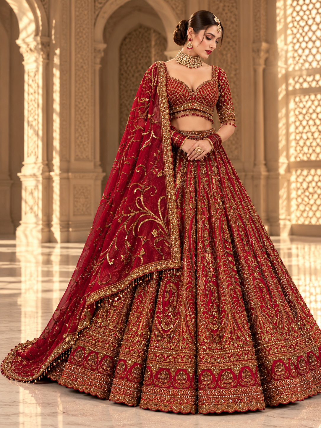 Red and gold embroidered bridal lehenga