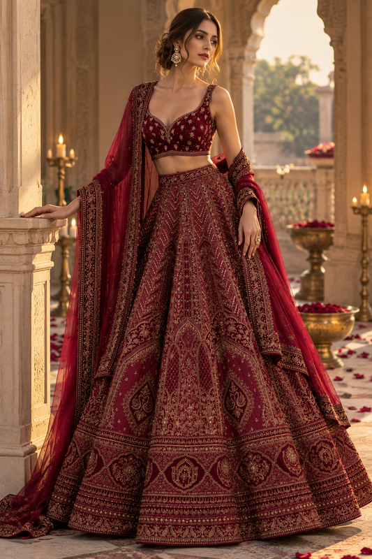 Burgundy and gold embroidered bridal lehenga