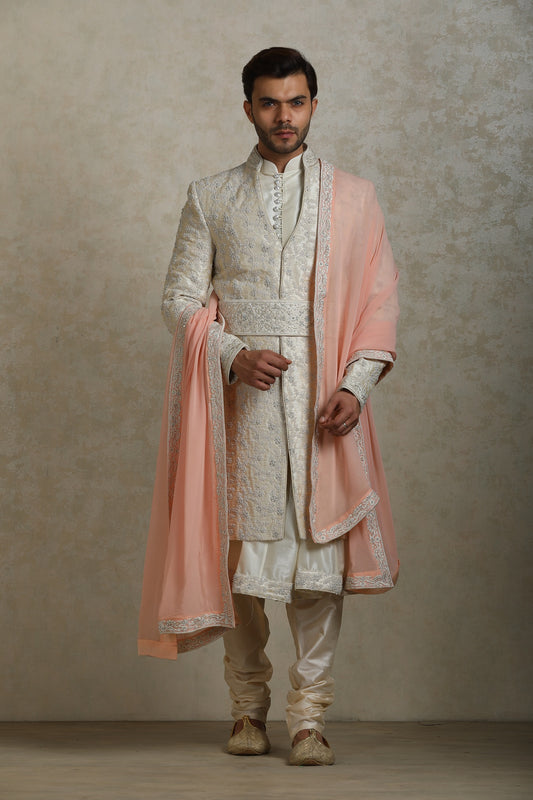 Cream Sherwani with Belt and Chola