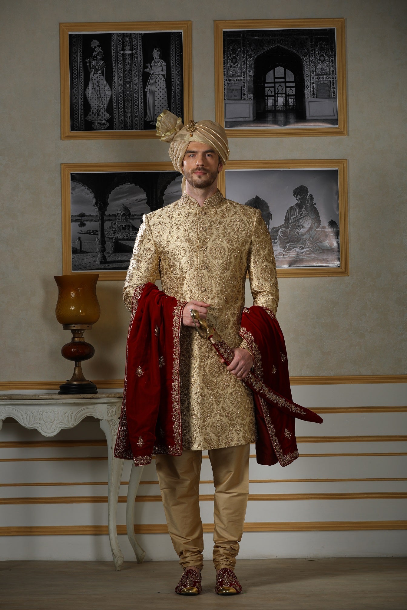 Gold Khinkhab Brocade Sherwani