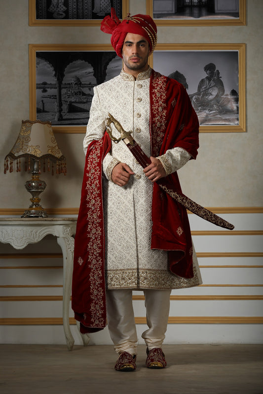 Cream Sherwani with Gold Embroidered Border