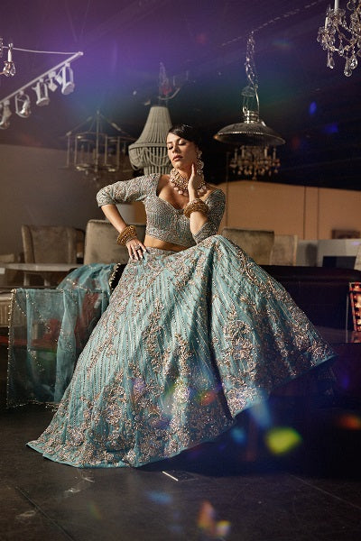Mira sky blue Zardozi reception lehenga by WellGroomed