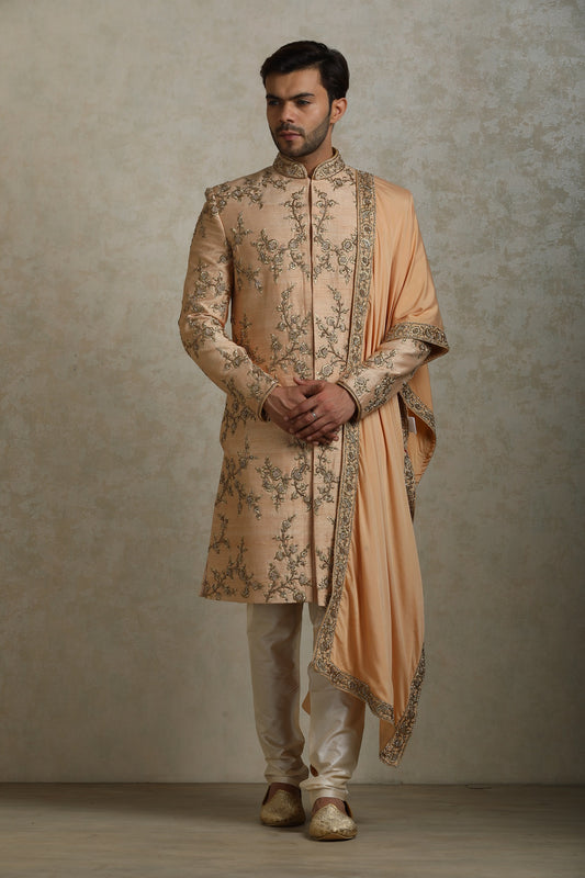 Floral Jaal Embroidered Peach Raw Silk Sherwani